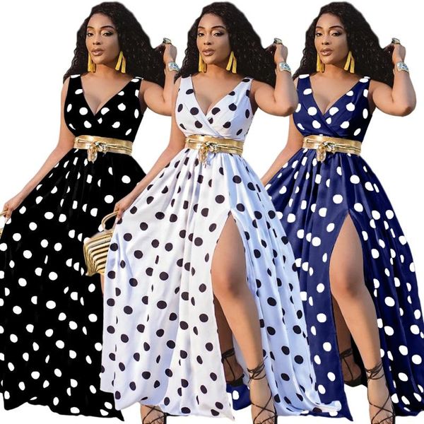 

casual dresses zoctuo dot print summer for women sleeveless v-neck maxi dress 2021 fashion streetwear slit holiday, Black;gray