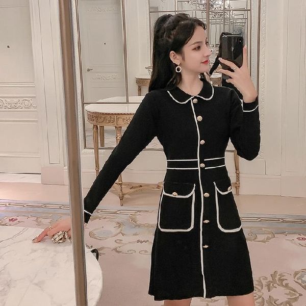 

casual dresses autumn outfit black knitting dress a word pocket waist long sleeve leisure clothes women knitwear mini, Black;gray