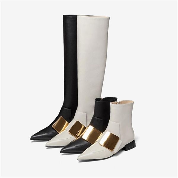 

boots autumn winter women's shoe pointed toe ladies stretch over the knee fashion metal buckle low heels zipper short ankle boot, Black