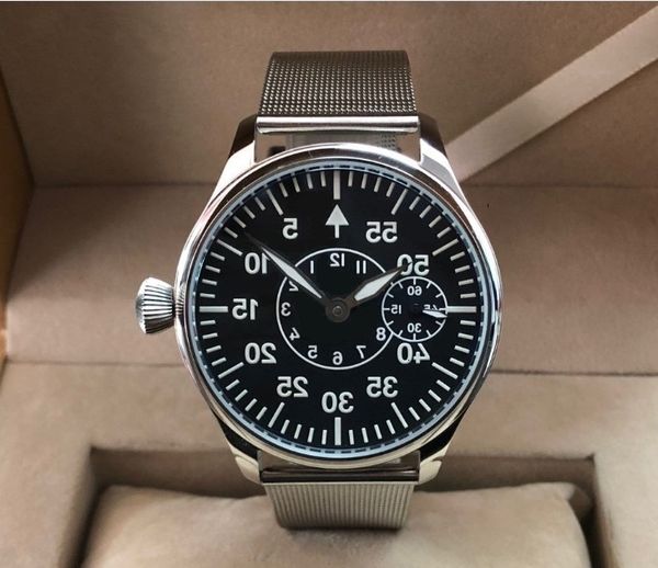 

44mm black dial asian 6497 17 jewels hand wind movement men's watch green luminous mechanical wristwath pa192-p8, Slivery;brown