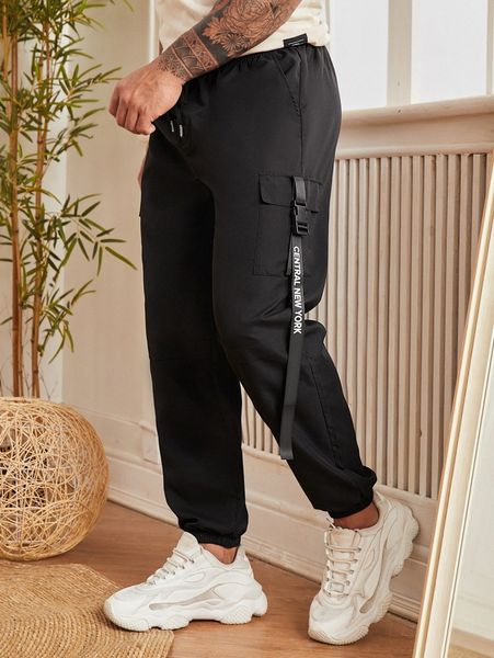 

extended sizes men letter tape buckle cargo pants s1yz#, Black