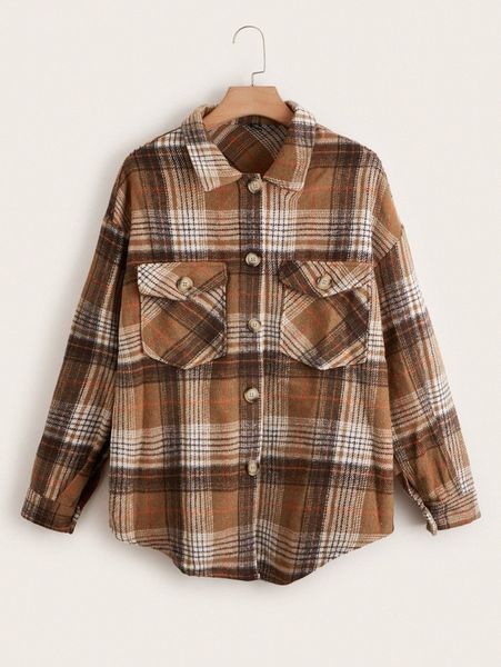 

plus tartan print drop shoulder flap pocket coat a40g#, Black