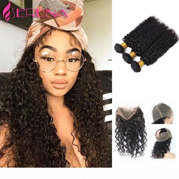 

shipping 360 lace frontal with 3 bundle malaysian curly hair deep wave 360 lace virgin hair with bundles human hair weaves, Black;brown