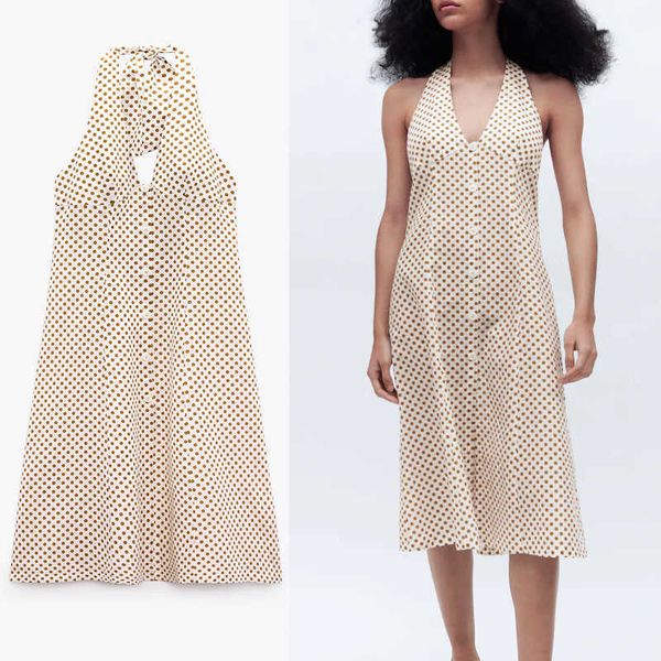 Za Sommer Polka Dot Strandkleid Frauen ärmellos gebunden V-Ausschnitt rückenfrei sexy Kleider Mode zurück Reißverschluss Button Up Frau langes Kleid 210602