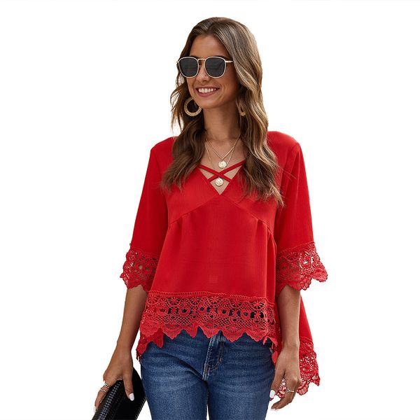 

2021 women's summer new shirt fashion lace hollow chiffon t-shirt tee half sleeve tshirt v-neck femininee y315 zygs, White