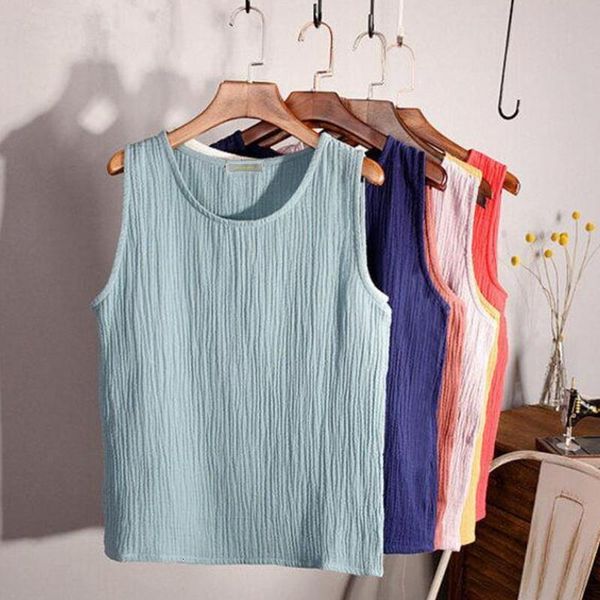 

12 color summer sleeveless linen cotton loose women tanks soft long o neck conforatble vest plus size clothing s 5xl 6xl, White