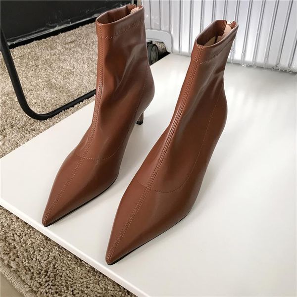 

boots womens black beige soft pu leather pointed toe elastic ankle winter fashion shoes women zipper sock size 35-39