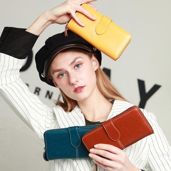 

wallets multi-card genuine leather wallet female large capacity portable wear-resistant bags with detachable wrist dtrap lb107, Red;black