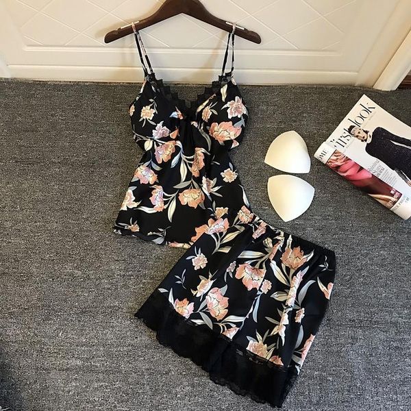 

sleep lounge pajama set satin sleepwear women summer fashion floral pijama feminino lingerie set with chest pad, Black;red