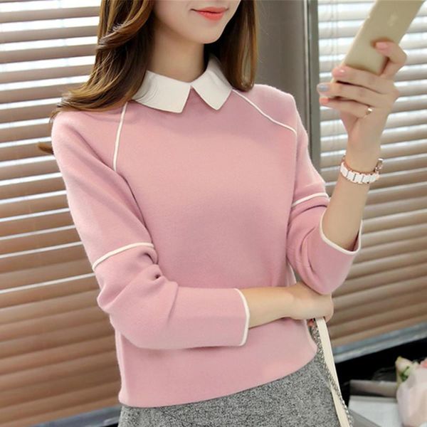 

women's sweaters 2021 autumn winter doll collar sweater women contrast color patchwork pullover long sleeve fashion bottoming jumper, White;black