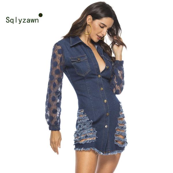 

casual dresses women summer hole denim dress long sleeve mesh patchwork lace mini slim button turn-down collar vestidos, Black;gray