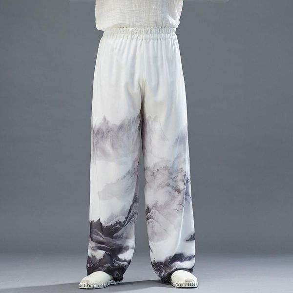 

men's pants chinese style men pant chiffon thin wide leg tai chi kungfu print loose plus size ancient japanese harajuku trousers, Black