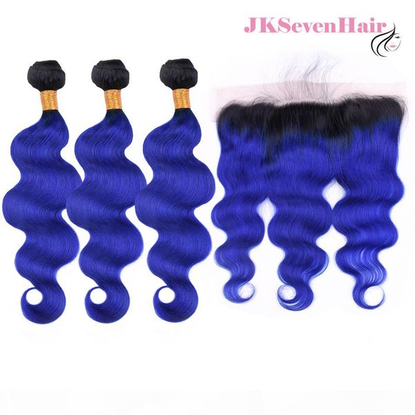

brazilian virgin hair extensions body wave dark rooted blue hair 3 bundles with 13inch x 4inch frontal peruvian malaysian 1b blue hair wefts, Black