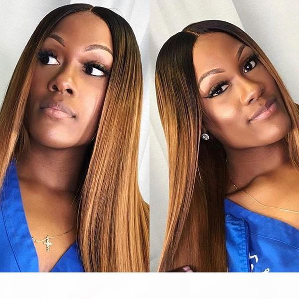 

full front lace human hair wigs ombr ecolor silky straight brazilian virgin hair 150 density natural hairline glueless bleached knots, Black;brown