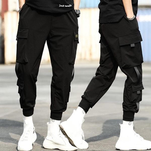 

men's pants men casual elastic waistband ankle tied pockets cargo drawstring trousers, Black