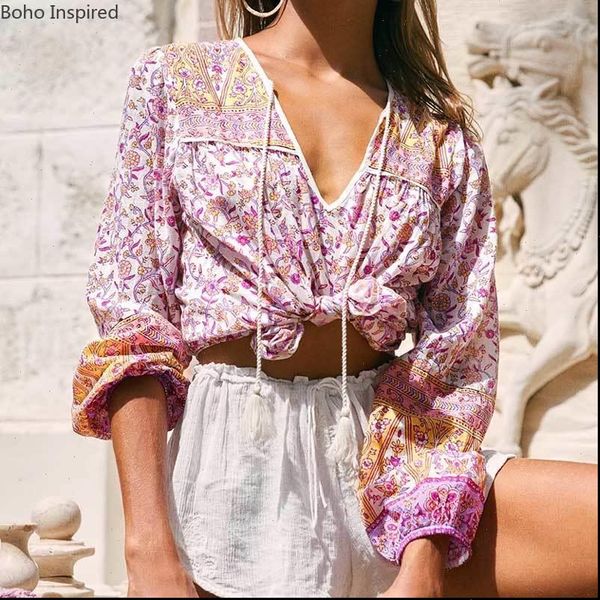 

boho inspried womens lilac floral long sleeve v neck bohemian size blouse women casual chic long sleeve blouse, White