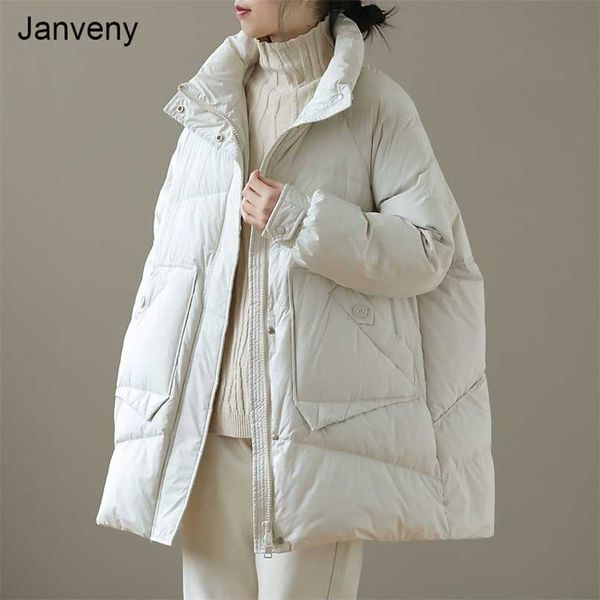 

janveny winter autumn puffer jacket women 90% white duck down coat female middle long loose bread coats feather parkas outwear 211108, Black