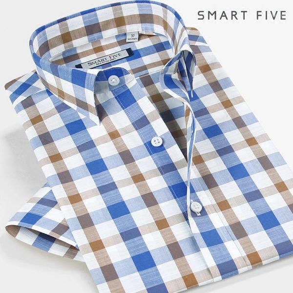 

smartfive men shirts 75% cotton 25% polyester camisa masculina 2019 new men shirts short sleeve casual plaid brand1, White;black
