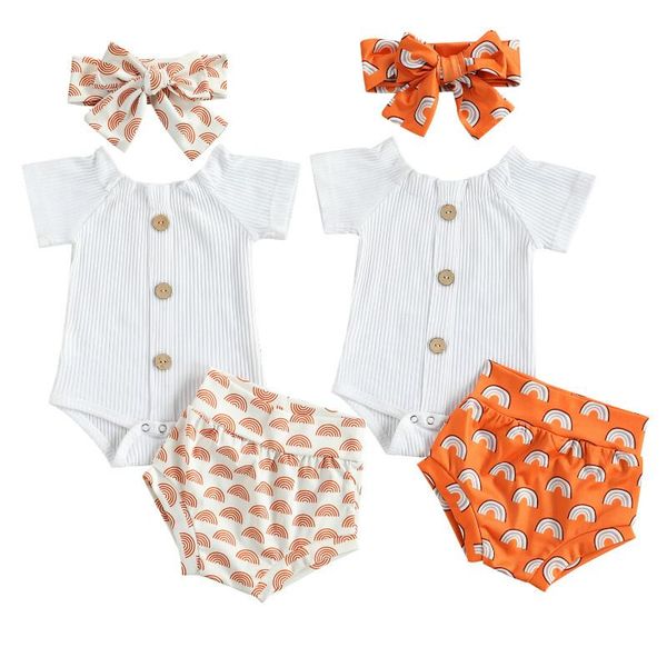 

infant 3 pieces summer clothes set newborn baby boy girls o-neck romper printed shorts hair band, White