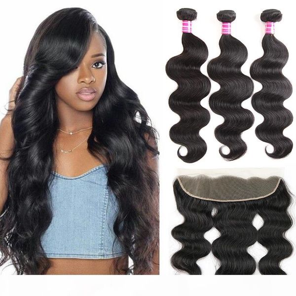 

brazilian virgin human hair body wave with lace frontal closure 4 bundles with 13x4 full ear to ear remy human hair extensions, Black;brown