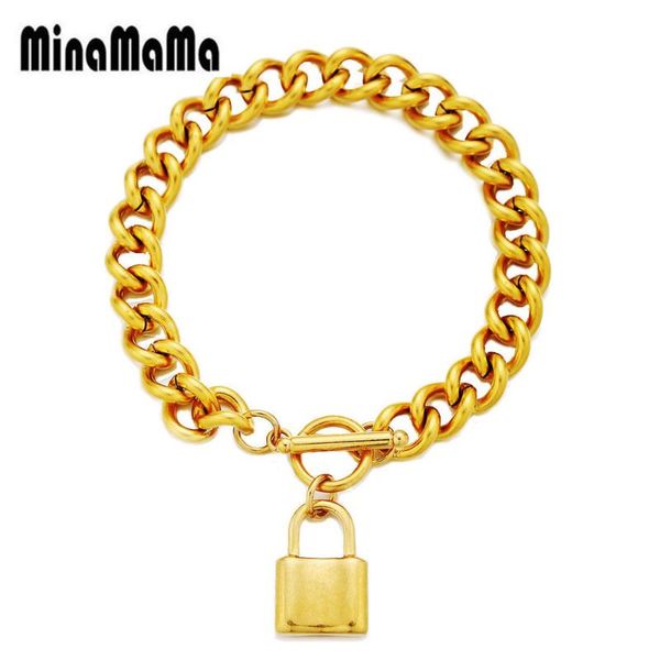 

charm bracelets stainless steel chunky padlock for women men hand link chain ot buckle lock toggle bracelet, Golden;silver