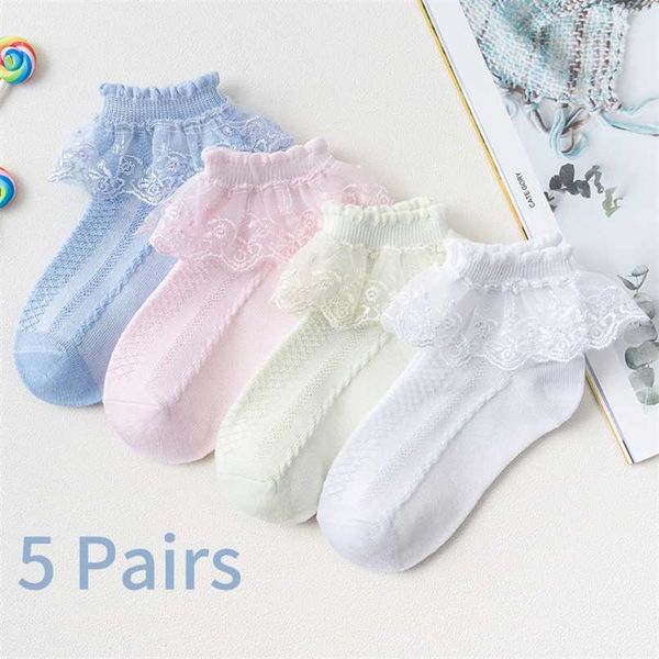 

5 pairs girls lace socks breathable cotton ruffle princess mesh baby for kids children ankle toddler short sock dropship 211021, Pink;yellow