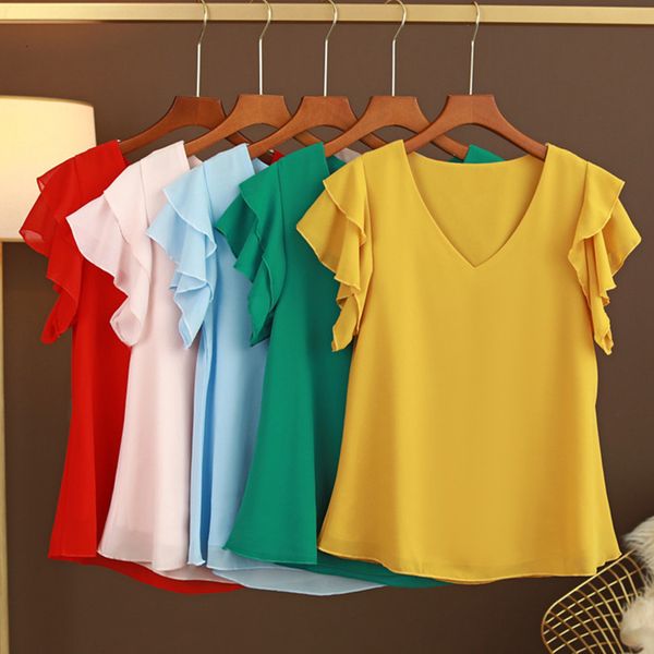 

new short korean chiffon blouse women casual 2021 fashion white yellow pink shirt ruffle sleeve v neck summer c121 ihfh