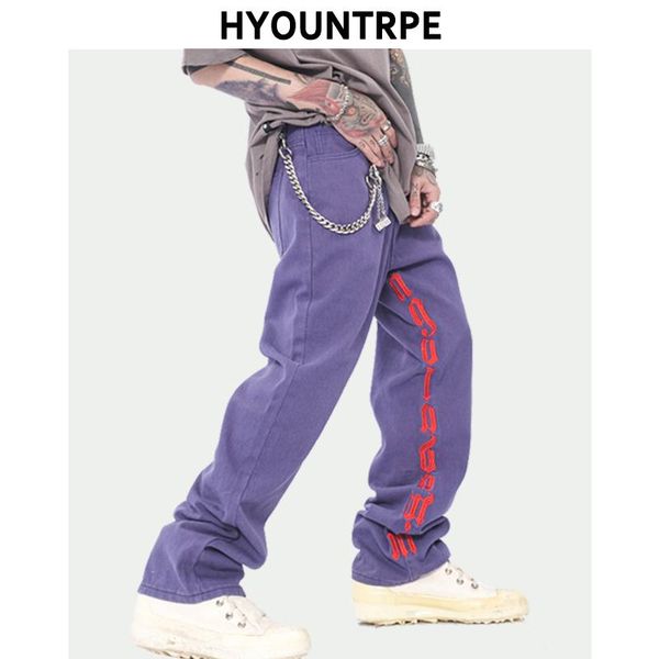 

men's jeans mens hip hop letters embroidery denim high street casual loose straight zipper joggers streetwear pants, Blue