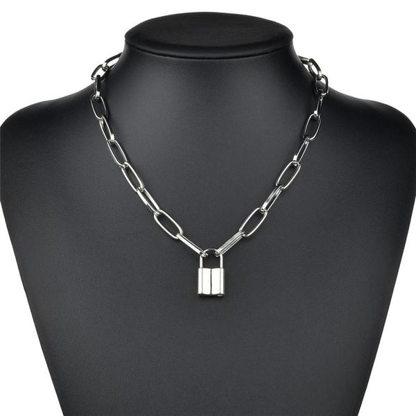 

pendant necklaces modyle punk lock choker necklace collar statement clavicle gold padlock long chain steampunk women jewelry, Silver