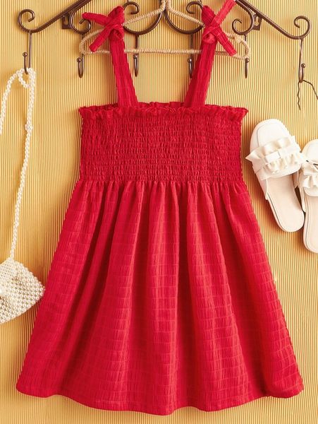 

girls tie shoulder shirred frill trim cami dress she01, Red;yellow