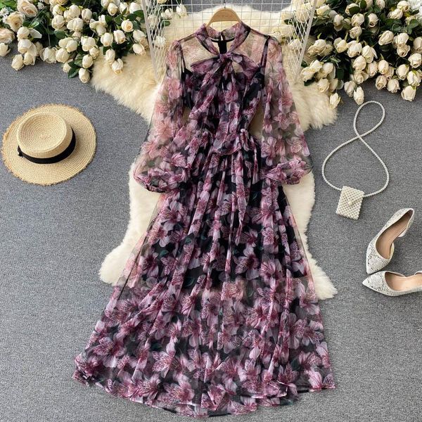 

casual dresses summer autumn floral print chiffon dress women vintage bow pleated long sleeve bohemian maxi party, Black;gray
