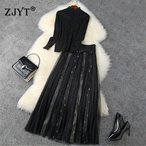 

fashion runway set women autumn winter elegant outfits long sleeve ruffle knit and diamonds midi skirt suits 210601, White