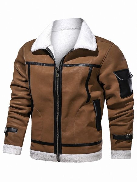

men zip up teddy lined suede jacket 20gy#, Black;brown