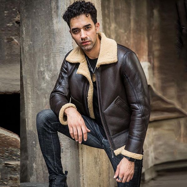 

men's leather & faux shearling coat mens black jacket b3 bomber short fur flight motorcycle