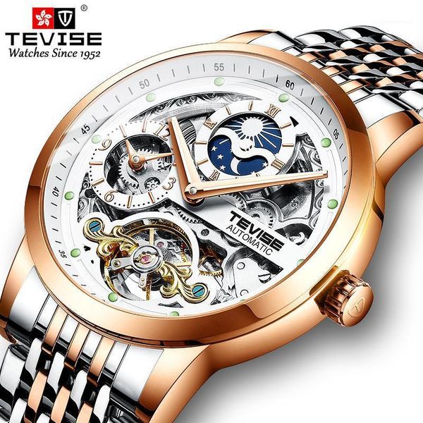 

mens moon phase automatic watches men stainless steel skeleton mechanical wristwatch relogio masculino wristwatches, Slivery;brown