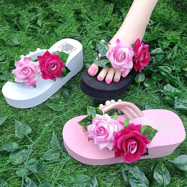 

slippers sweet flowers wedges platform women fashion pearl clip toe beach flip flops woman eva high heels slides ladies, Black