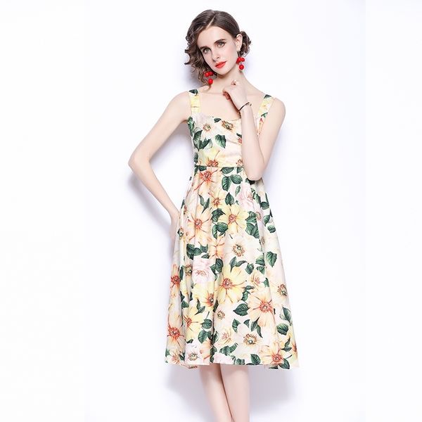 

banulin runway summer spaghetti strap floral dress women's square collar camellia flower print blackless beach midi 210603, Black;gray