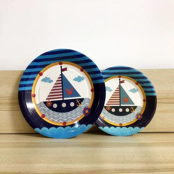 

disposable dinnerware 6pcs/set cartoon blue sailing boat disposble plates for kids boys girls people holiday birthday party decoration suppl
