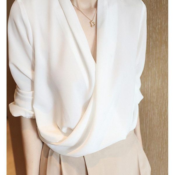 

women's blouses & shirts chiffon shirt female solid color long sleeve elegant chic asymmetry loose office look blouse 2021 spring summe, White