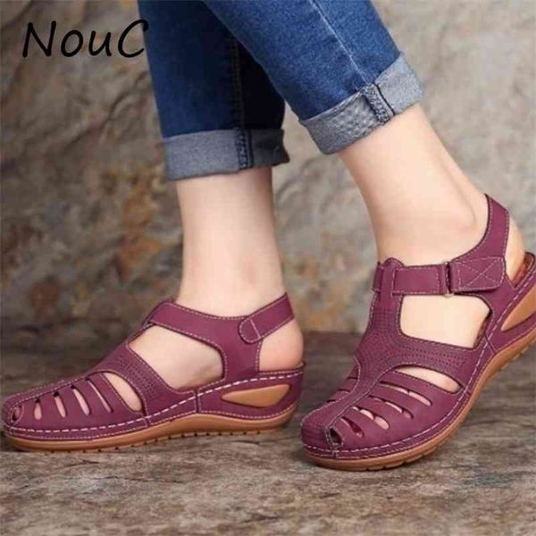 

nouc woman summer leather vintage sandals buckle casual sewing women shoes solid female ladies platform plus 35-44 210610, Black