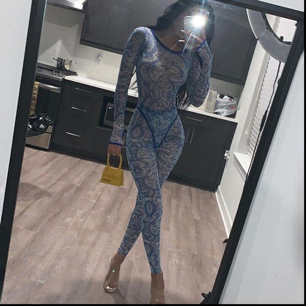 

2021 new fashion pattern mesh print see through long sleeve bodysuit leggings two pieces set women slim party clubwear, Gray
