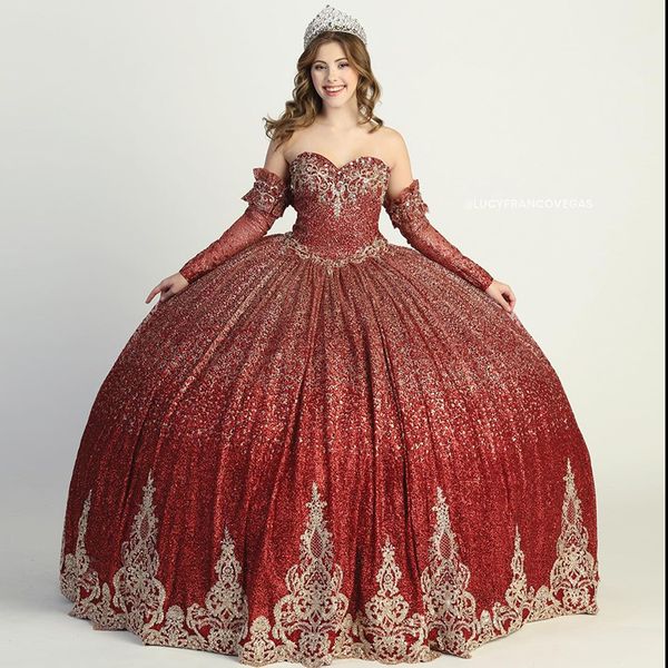 Bordo Vestido De 15 Anos Balo Quinceanera Elbise 2021 Altın Boncuk Backless Tatlı 16 Elbise Pageant Parti Abiye