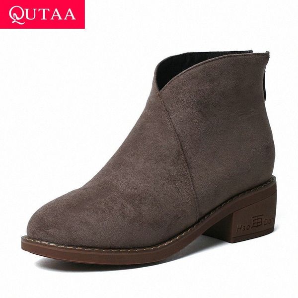 

qutaa 2020 new autumn winter flock thick middle heel all match women shoes round toe zipper casual ankle boots big size 34 43 motorcyc h7ik#, Black