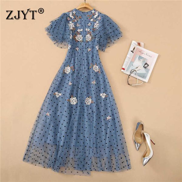 

summer runway embroidery mesh long celebrity party dress women elegant butterfly sleeves dot robe femme 210601, Black;gray