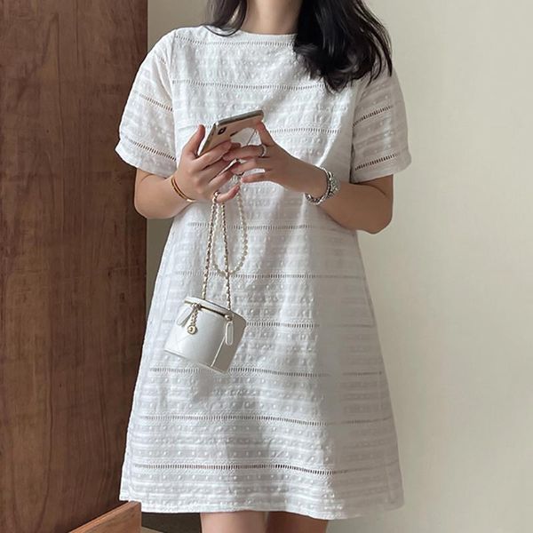 

casual dresses [ewq] korea chic trend women solid color o neck jacquard hollow loose fashion puff sleeve dress summer 2021 16e1532, Black;gray