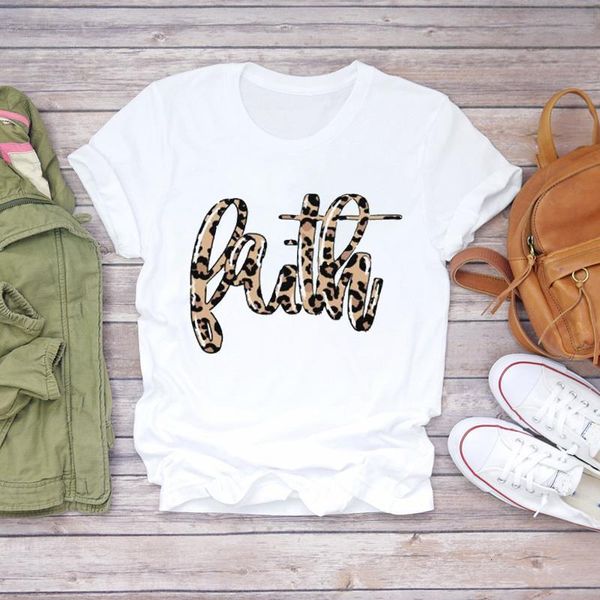 

women t-shirts leopard faith letter clothing trend 90s short sleeve print lady womens graphic t shirt female tee t-shirt, White