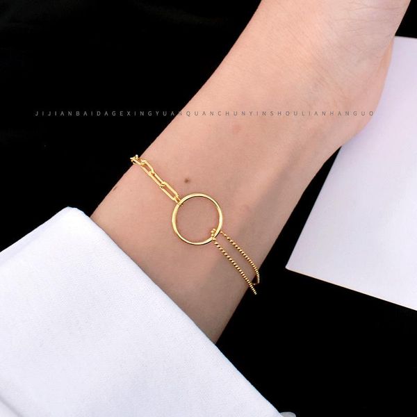 

link, chain south korea ins gold square round bead double-layer bracelet 925 sterling silver cir personality retro minimalist jewelry female, Black