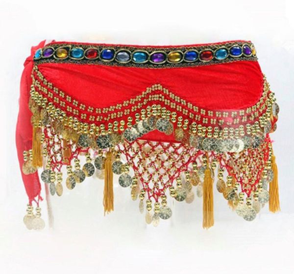 

8 colors dancewear training clothing hip scarf 248 gold coins colorful rhinestone adjustable fit velvet belt for belly dancing, Black;red