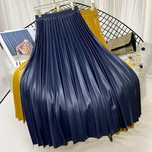 

2021 autumn and winter new pu leather pleated skirt stretch high waist multicolor fashion all-match midi skirt women, Black