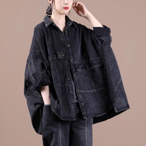 

female new autumn and spring plus size jacket art multi-button irregularly worn loose denim shirt, White